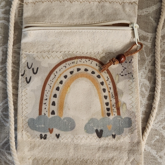 Rainbow Boho Beige Canvas Crossbody Cotton Zipper Tote Girls So Cute NWOT - Picture 4 of 6